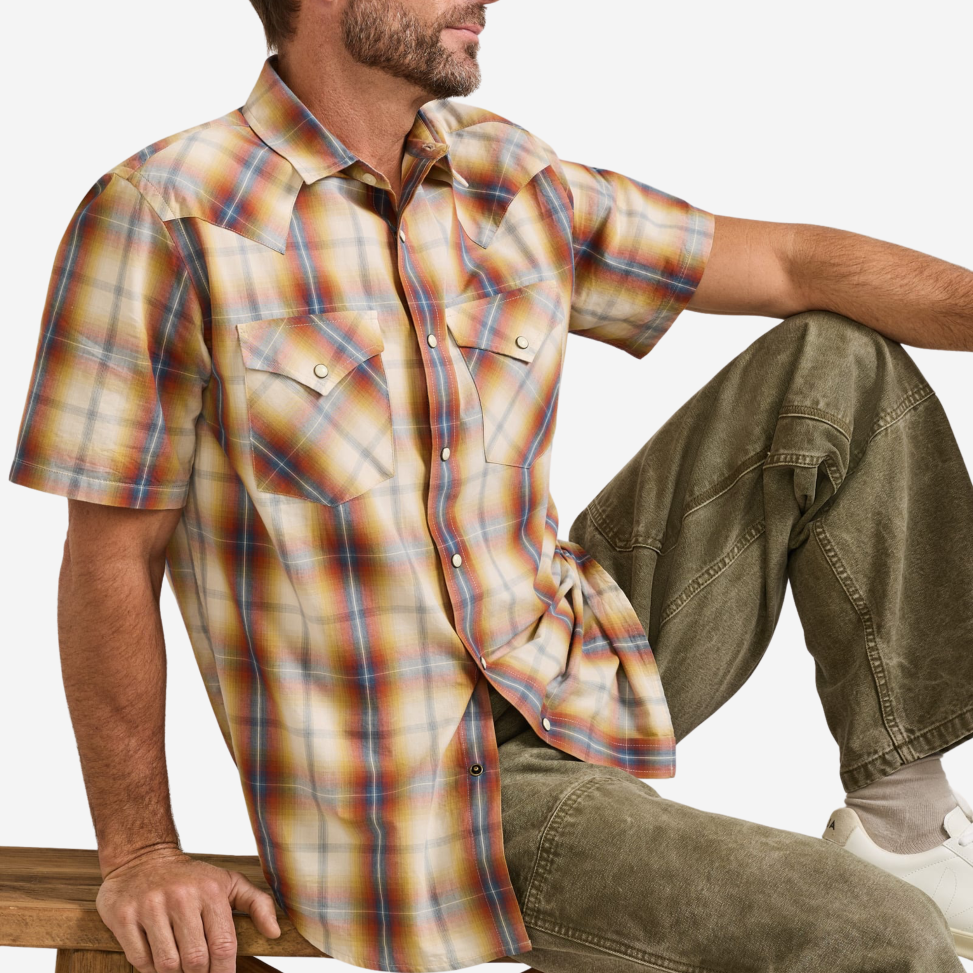 Mens Short-sleeve Plaid Frontier Shirt - Tan/Blue/Rust Plaid