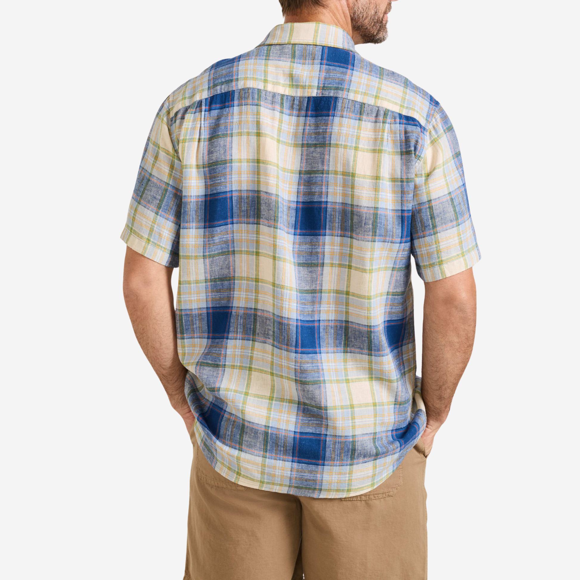 Mens Short-Sleeve Plaid Shoreline Linen Shirt - Blue Multi Plaid