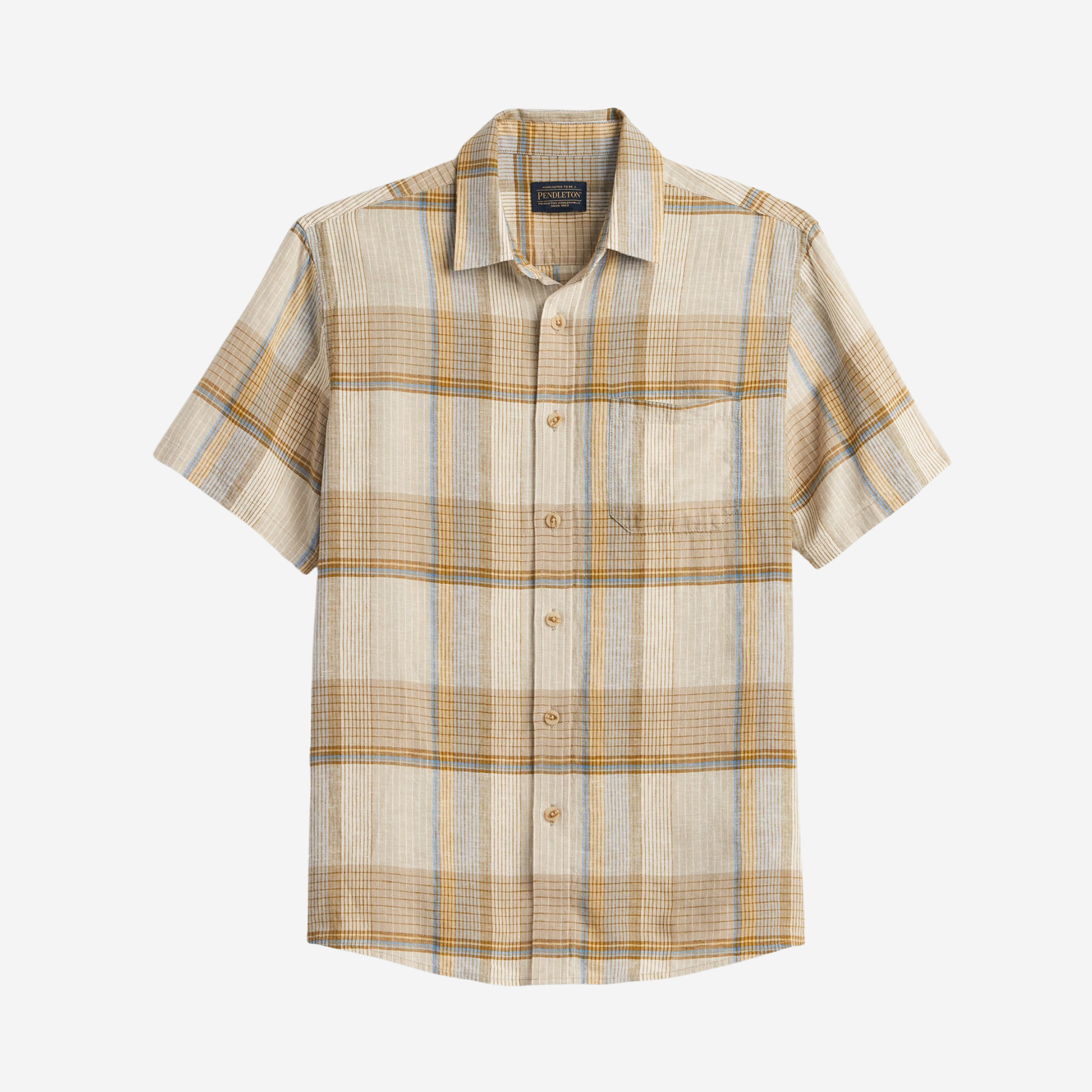 Mends Short-Sleeve Plaid Shoreline Linen Shirt - Ecru/Tan/Blue Plaid