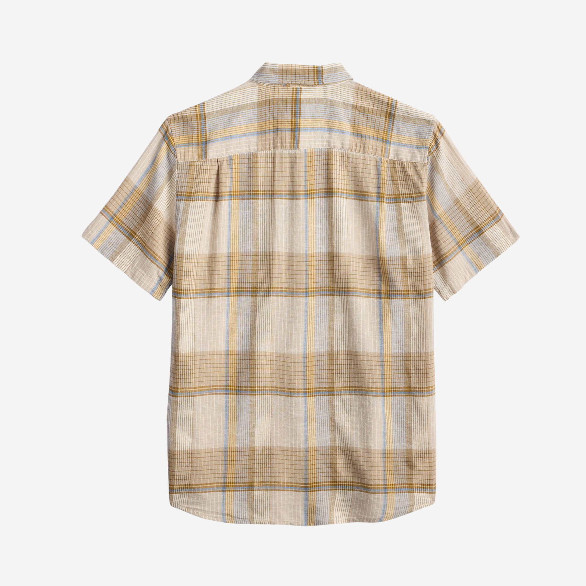 Mends Short-Sleeve Plaid Shoreline Linen Shirt - Ecru/Tan/Blue Plaid
