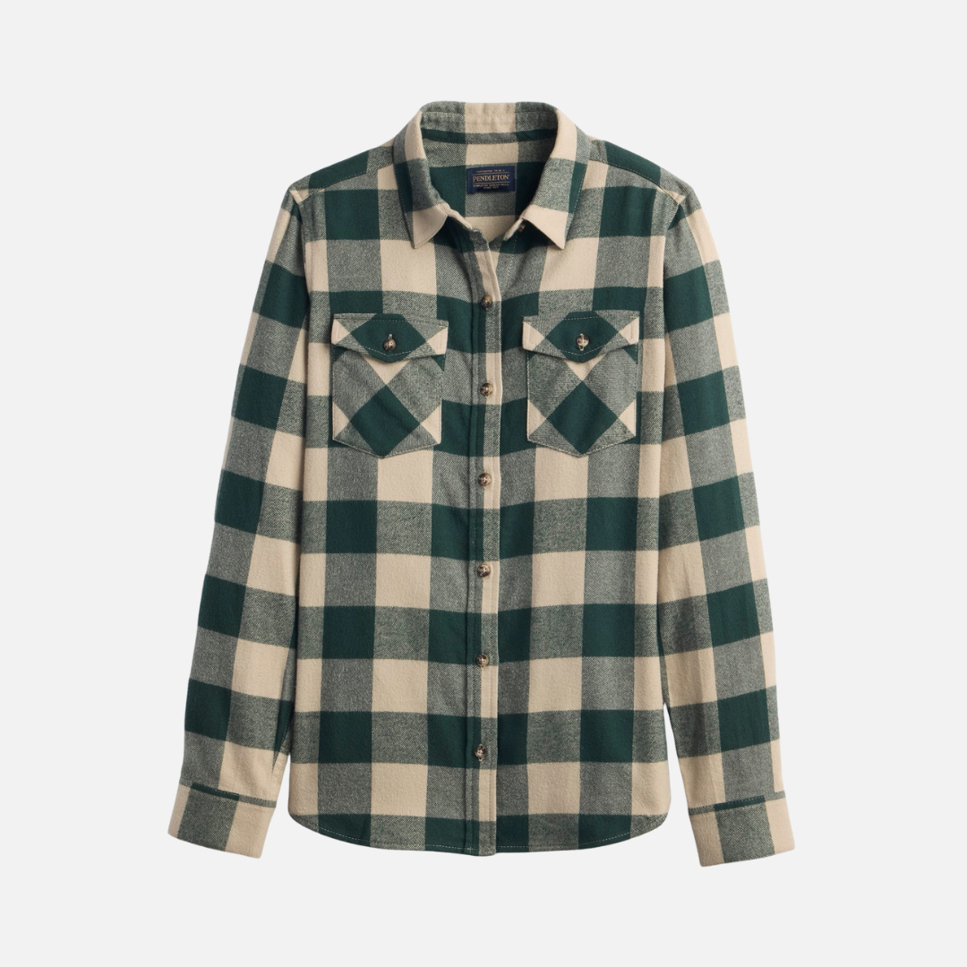 Womens Western Plaid Shirt - Tan/Evergreen