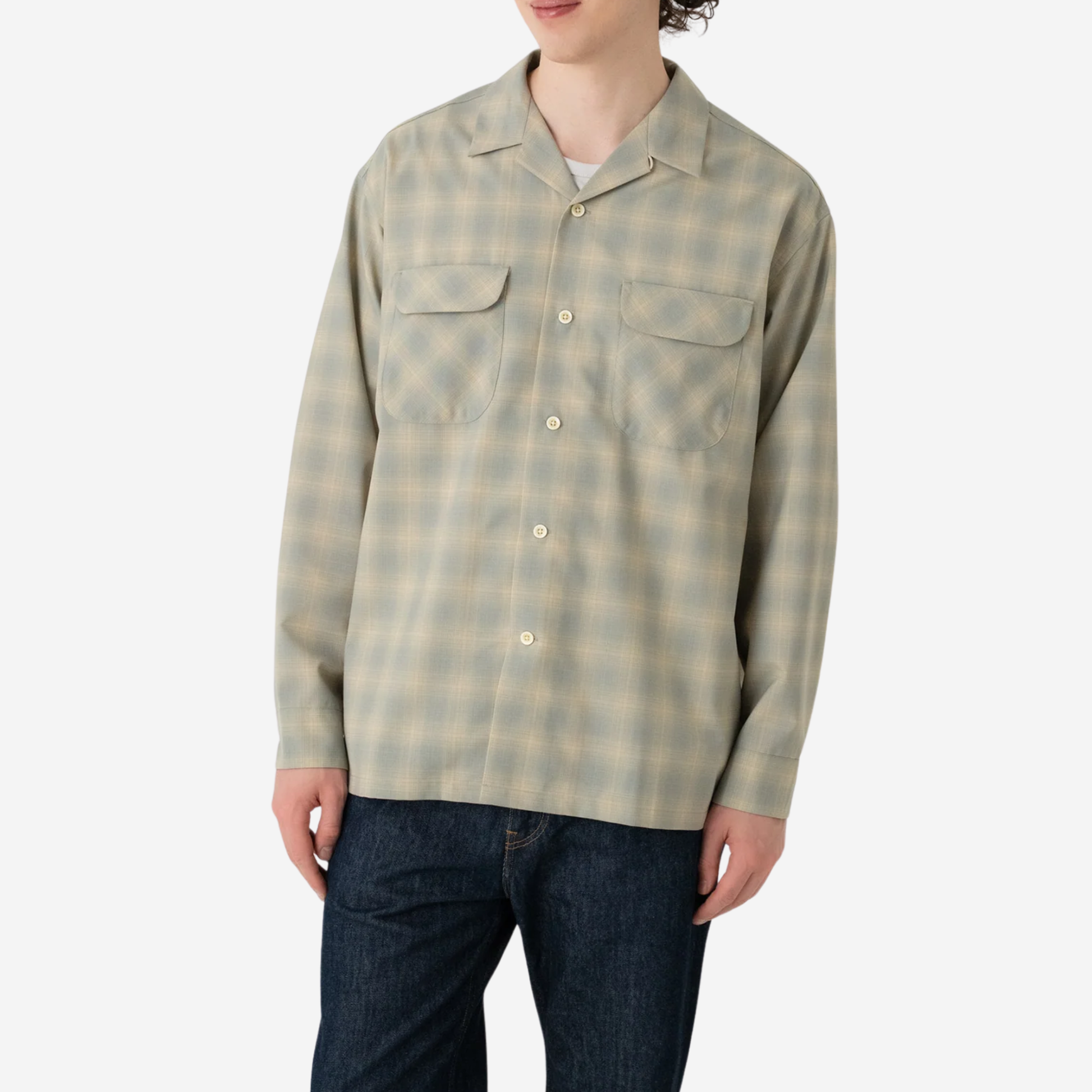 Open-collar shirt - Sage/Ecru