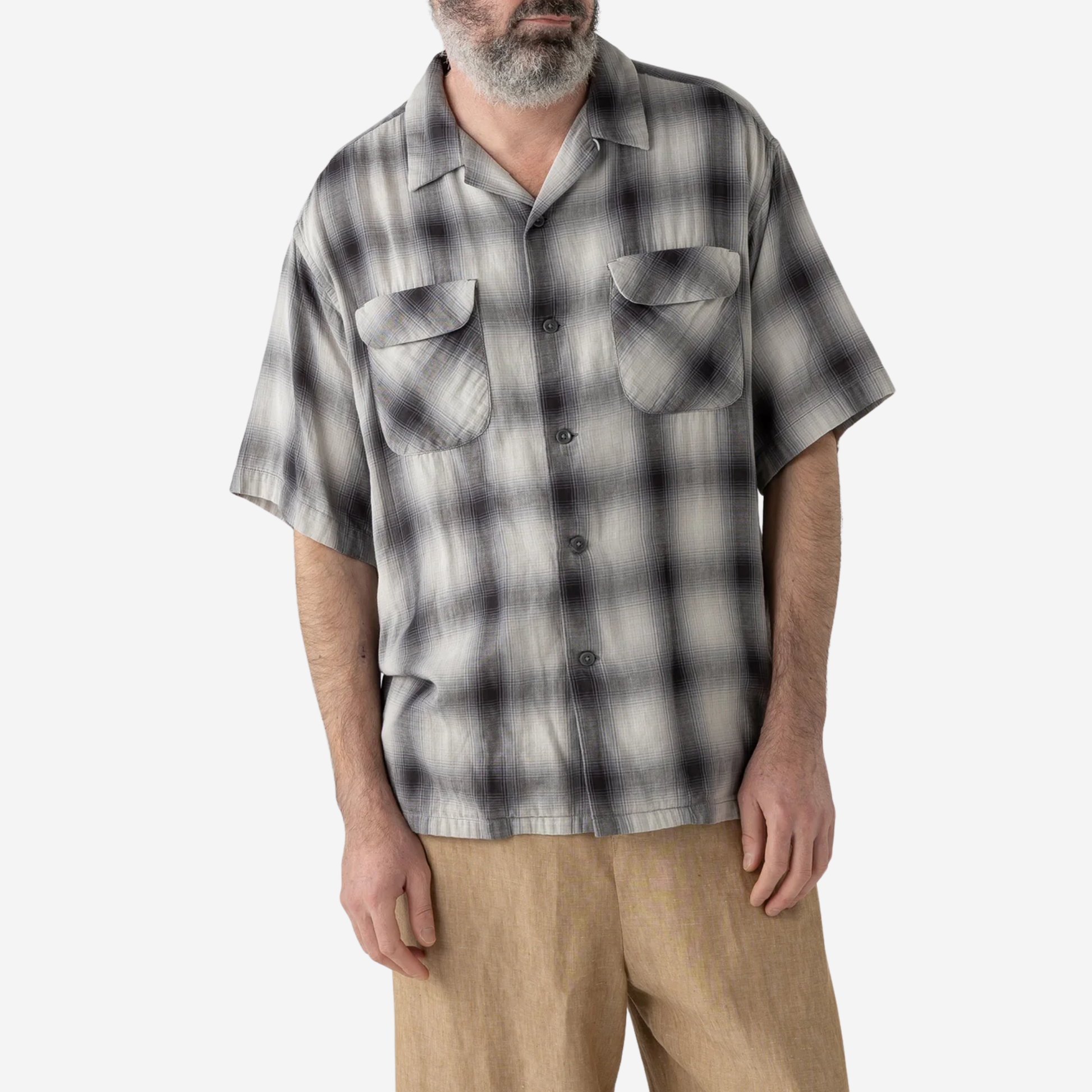 SS Open Collar Shirt - Gray/Bone