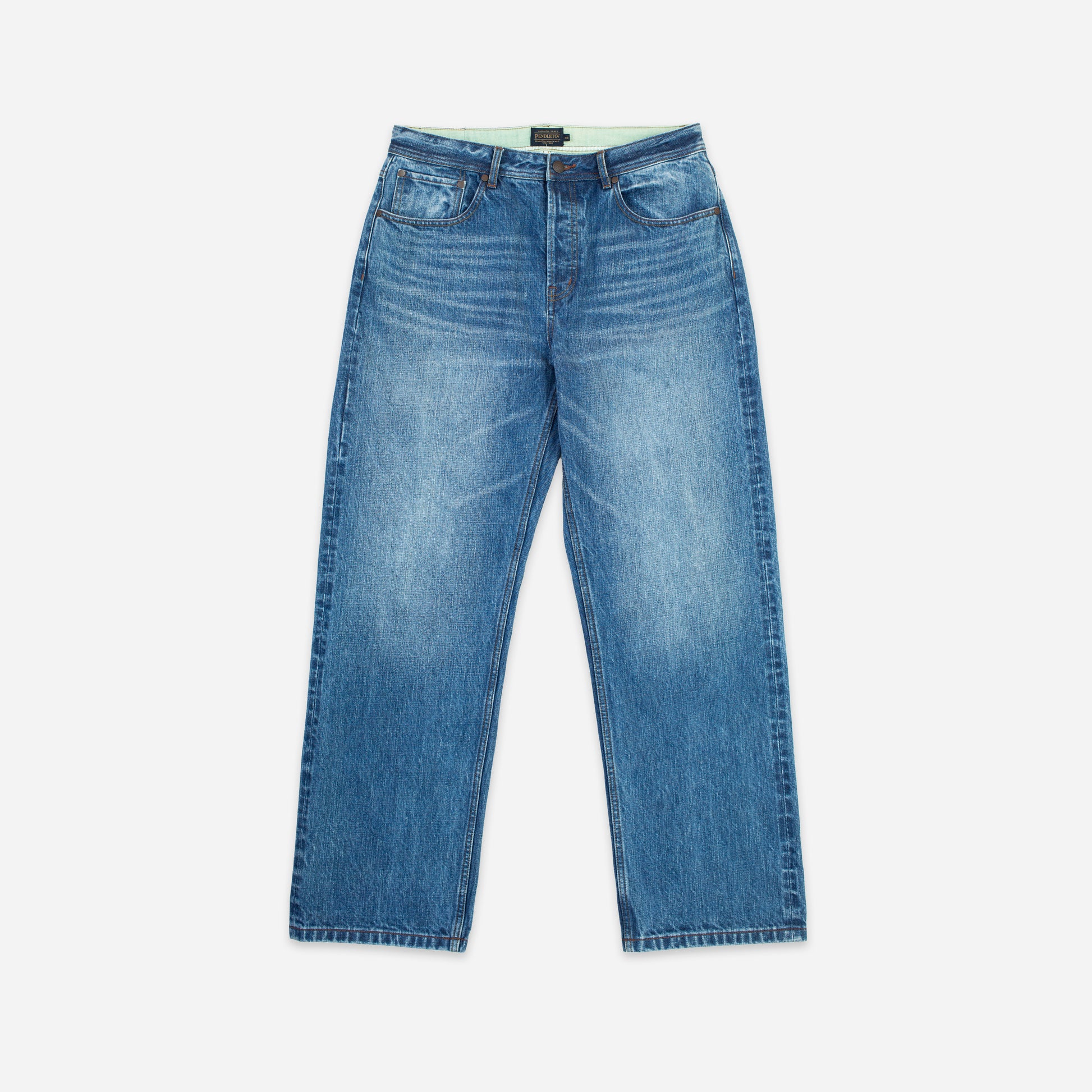 Selvedge Needlework Straight Denim Jeans  - Washed Blue