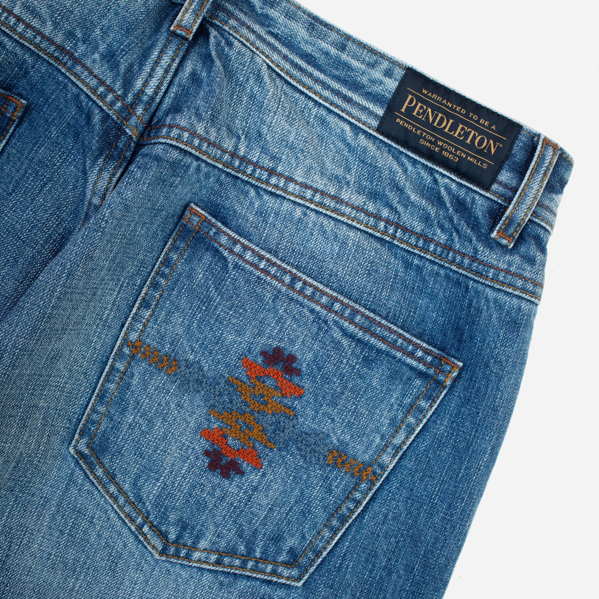 Selvedge Needlework Straight Denim Jeans  - Washed Blue