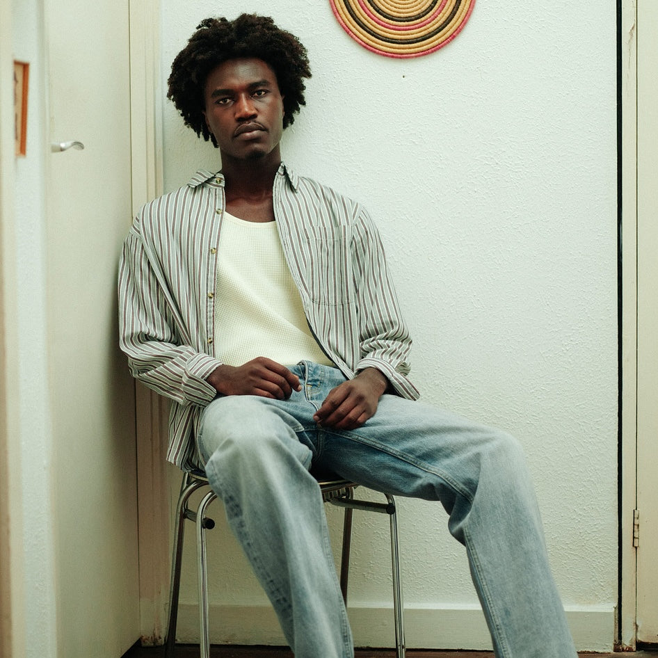 Lined Collar Stripe Shirt - White/Blue