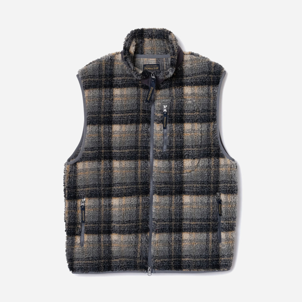 Sherpa Boa Fleece Vest - Plaid/Off White/Mustard