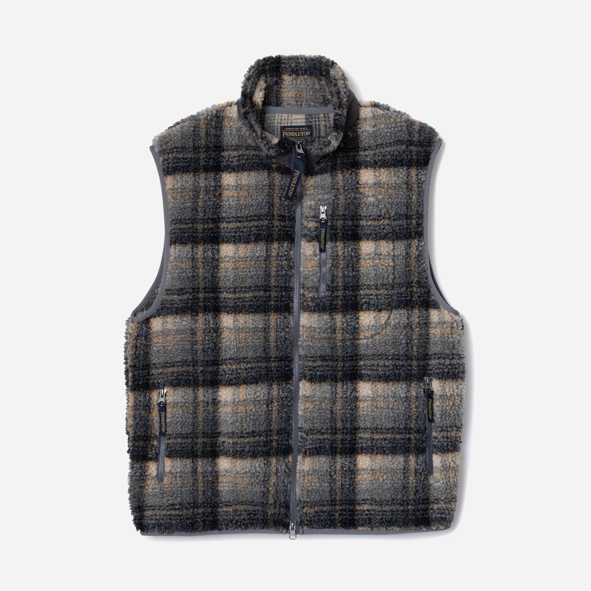 Sherpa Boa Fleece Vest - Plaid/Off White/Mustard