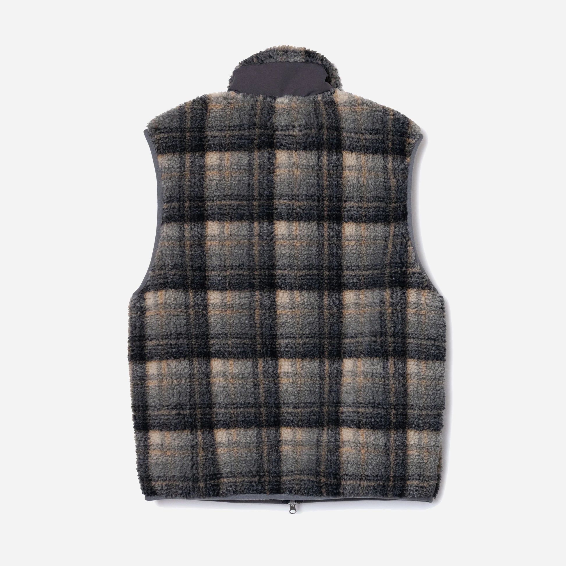 Sherpa Boa Fleece Vest - Plaid/Off White/Mustard