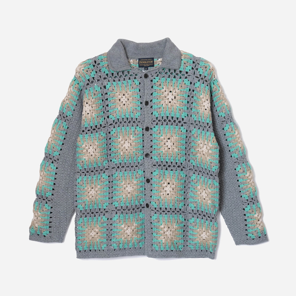 Crochet Button Knit - Teal/Greige