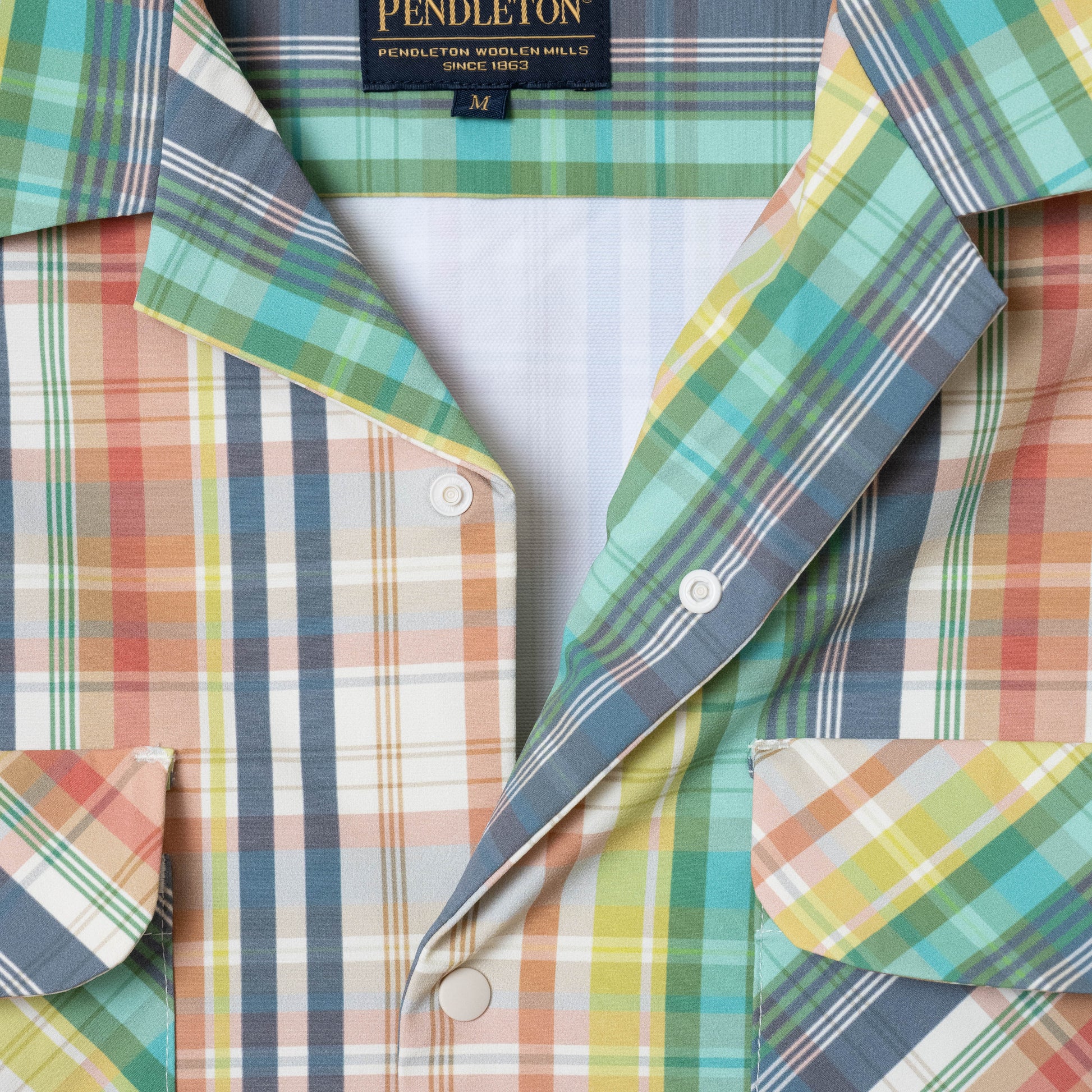 Open Collar Shirt Jacket - Green/Ivory Madras