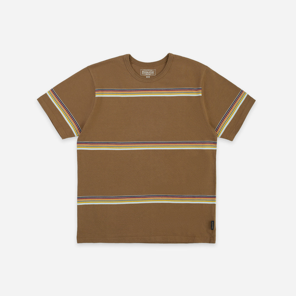 A brown short-sleeve crewneck t-shirt with horizontal stripes in yellow, red, and blue across the chest and sleeve cuffs, shown flat on a light gray background.