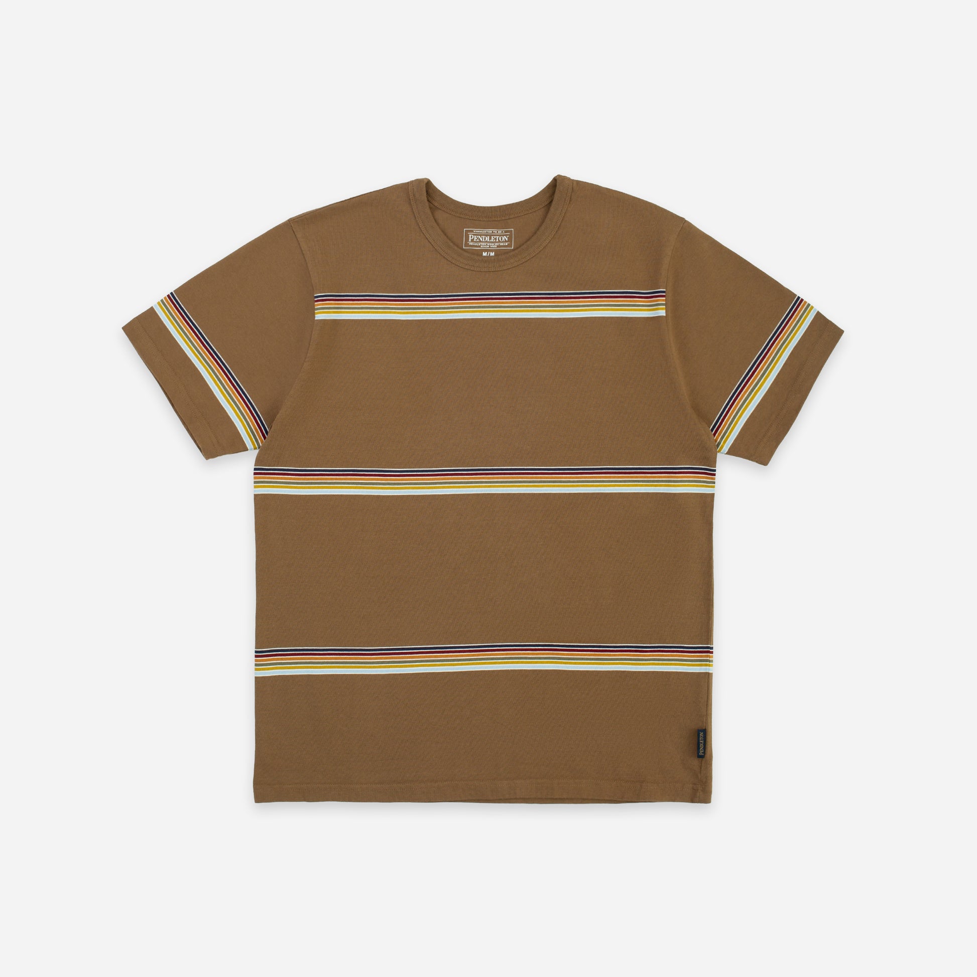 A brown short-sleeve crewneck t-shirt with horizontal stripes in yellow, red, and blue across the chest and sleeve cuffs, shown flat on a light gray background.