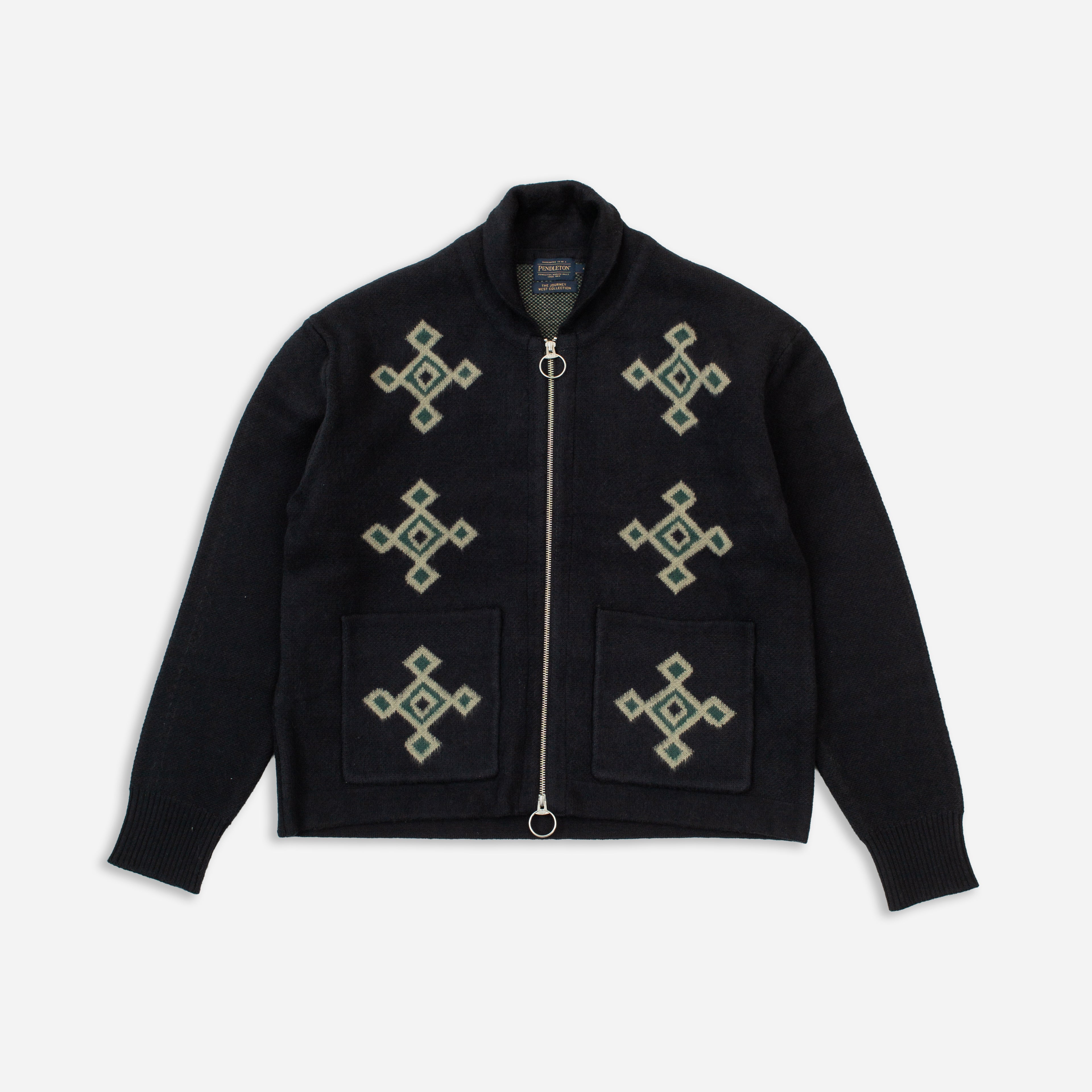 Jacquard Motif Zip Up Cardigan - Black - Pendleton EU