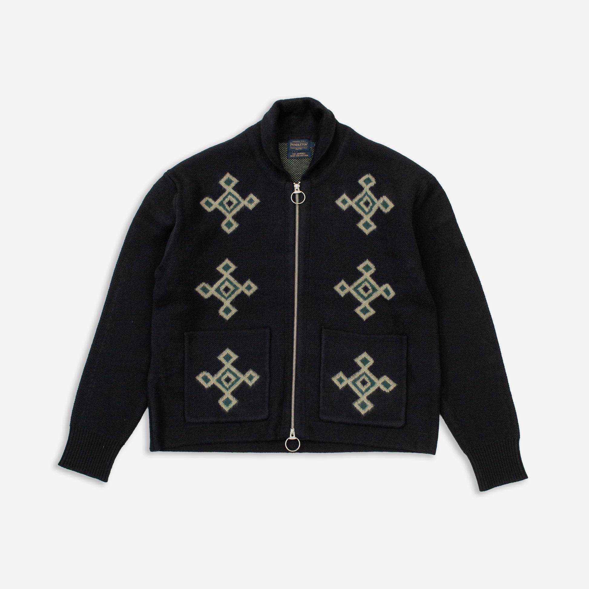 Jacquard Motif Zip Up Cardigan - Black
