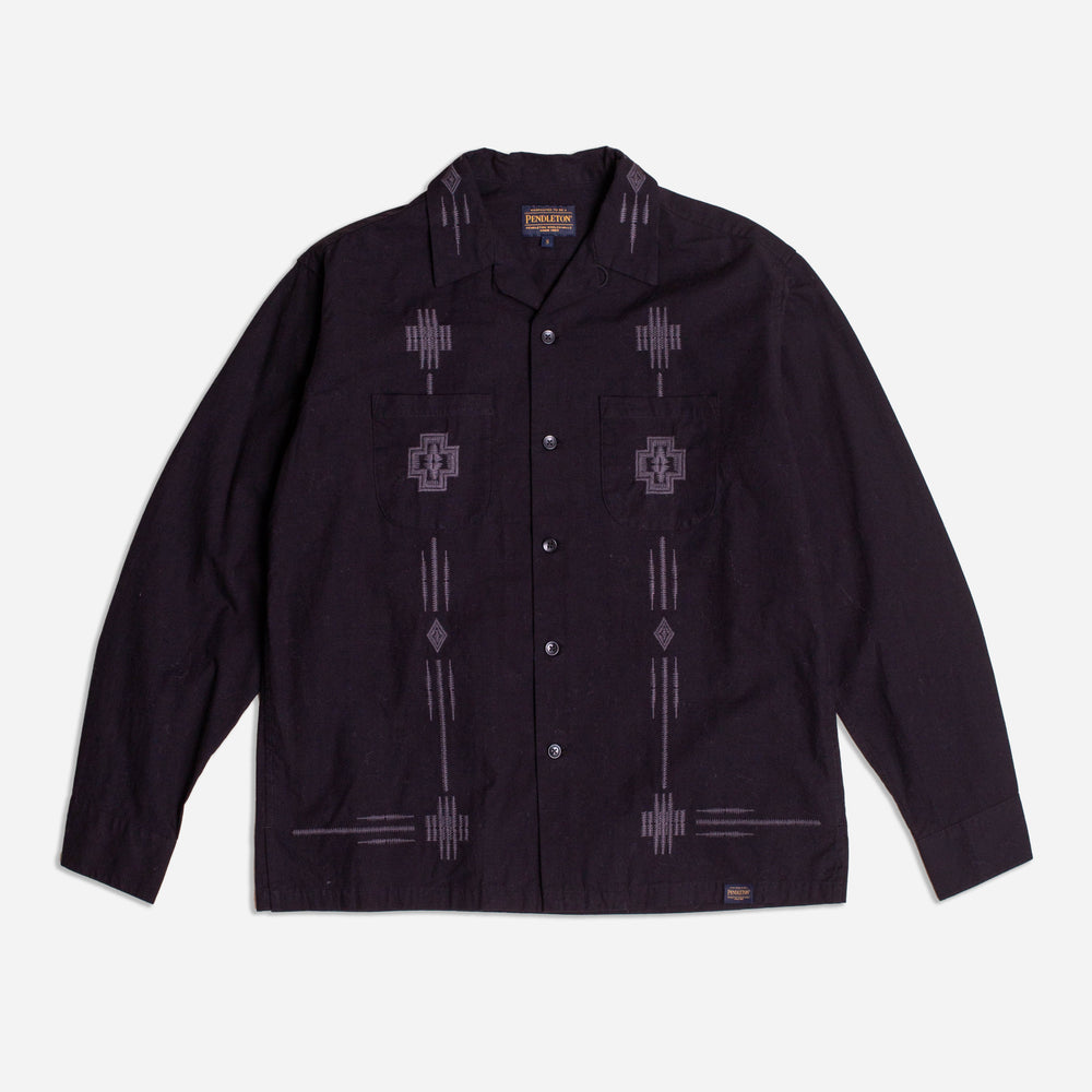 Embroidered Open Collar Shirt - Black Oxbow