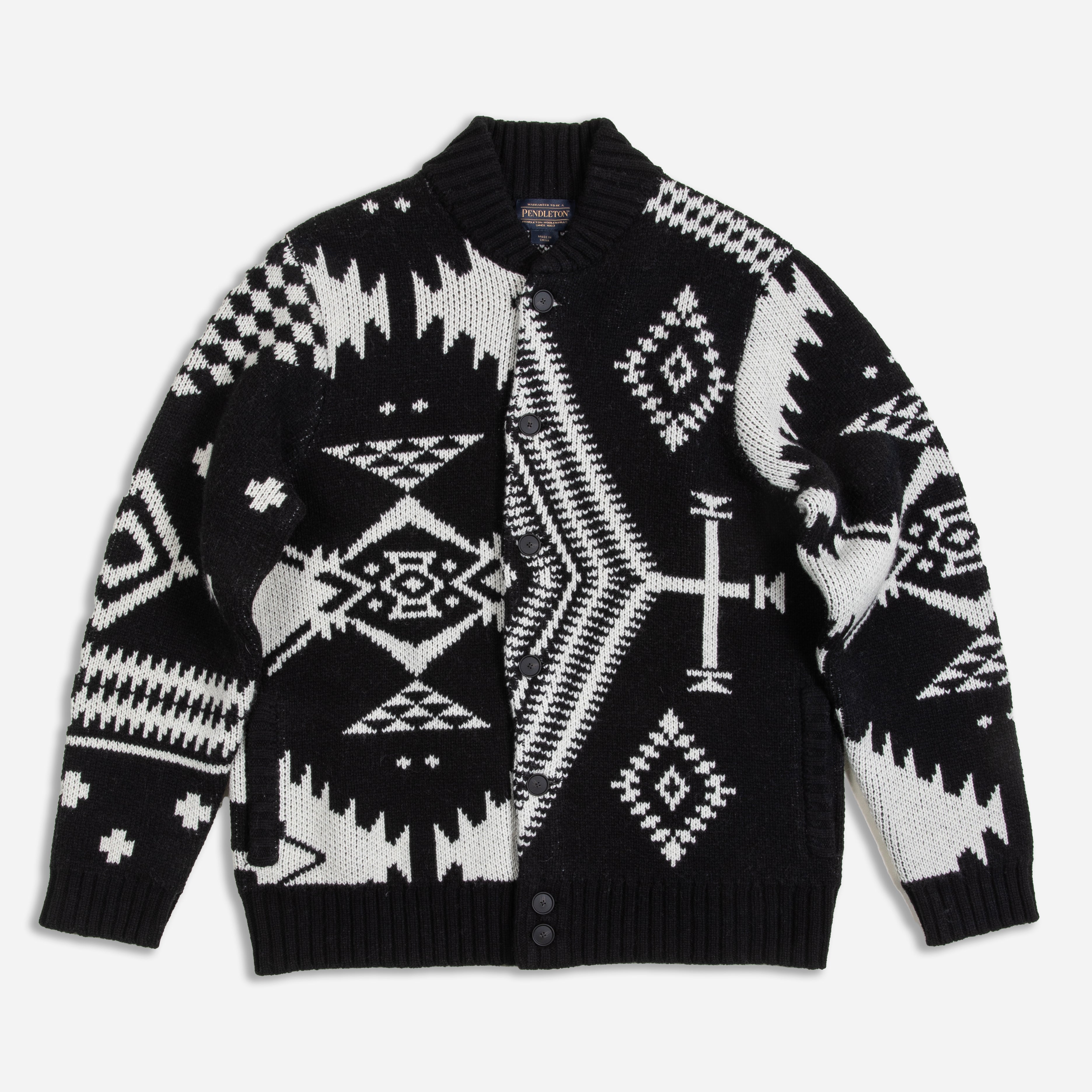 Pendleton Cardigan Sweater Black White Aztec Tribal Knit on sale Zip Front Shawl Collar