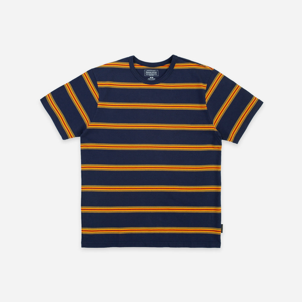 A short-sleeve crewneck t-shirt with horizontal navy blue and orange stripes, displayed flat against a light gray background.