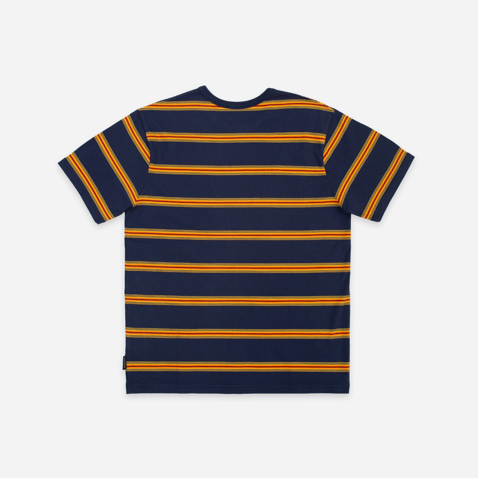 A navy blue short-sleeve t-shirt with horizontal mustard yellow stripes, shown from the back on a light gray background.