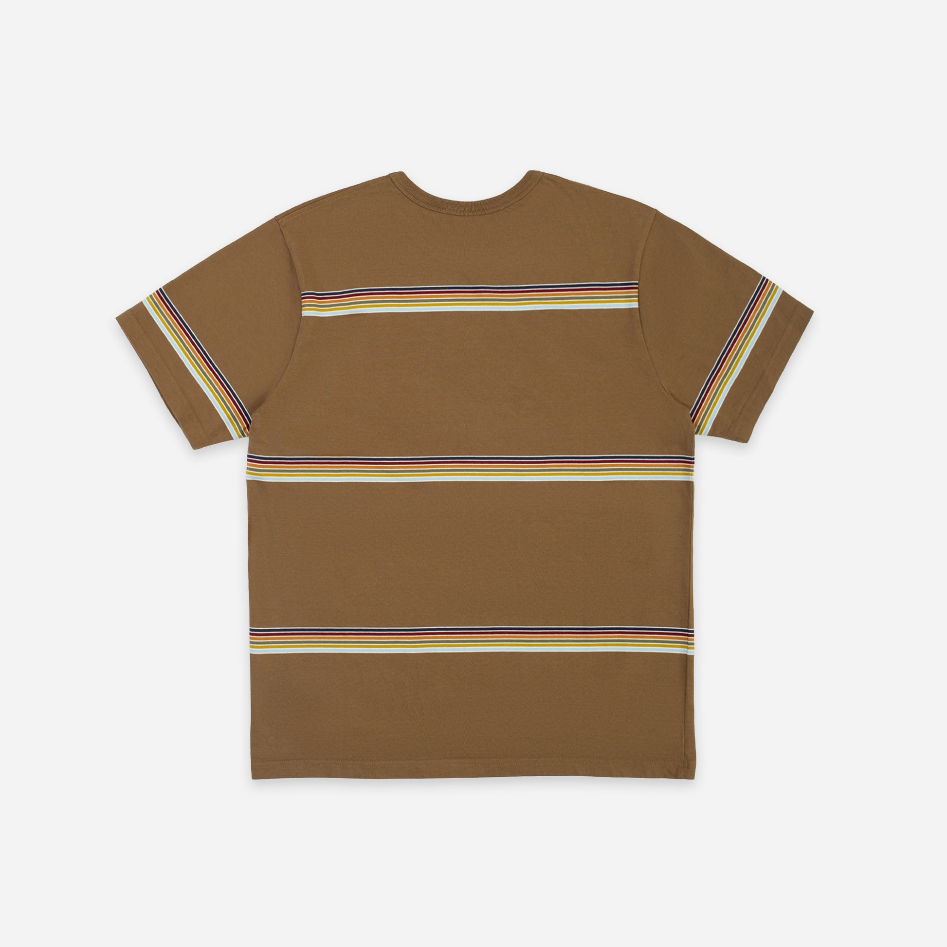 A brown short-sleeve t-shirt with horizontal multicolor stripes across the chest, waist, and sleeve cuffs, displayed flat against a light gray background.