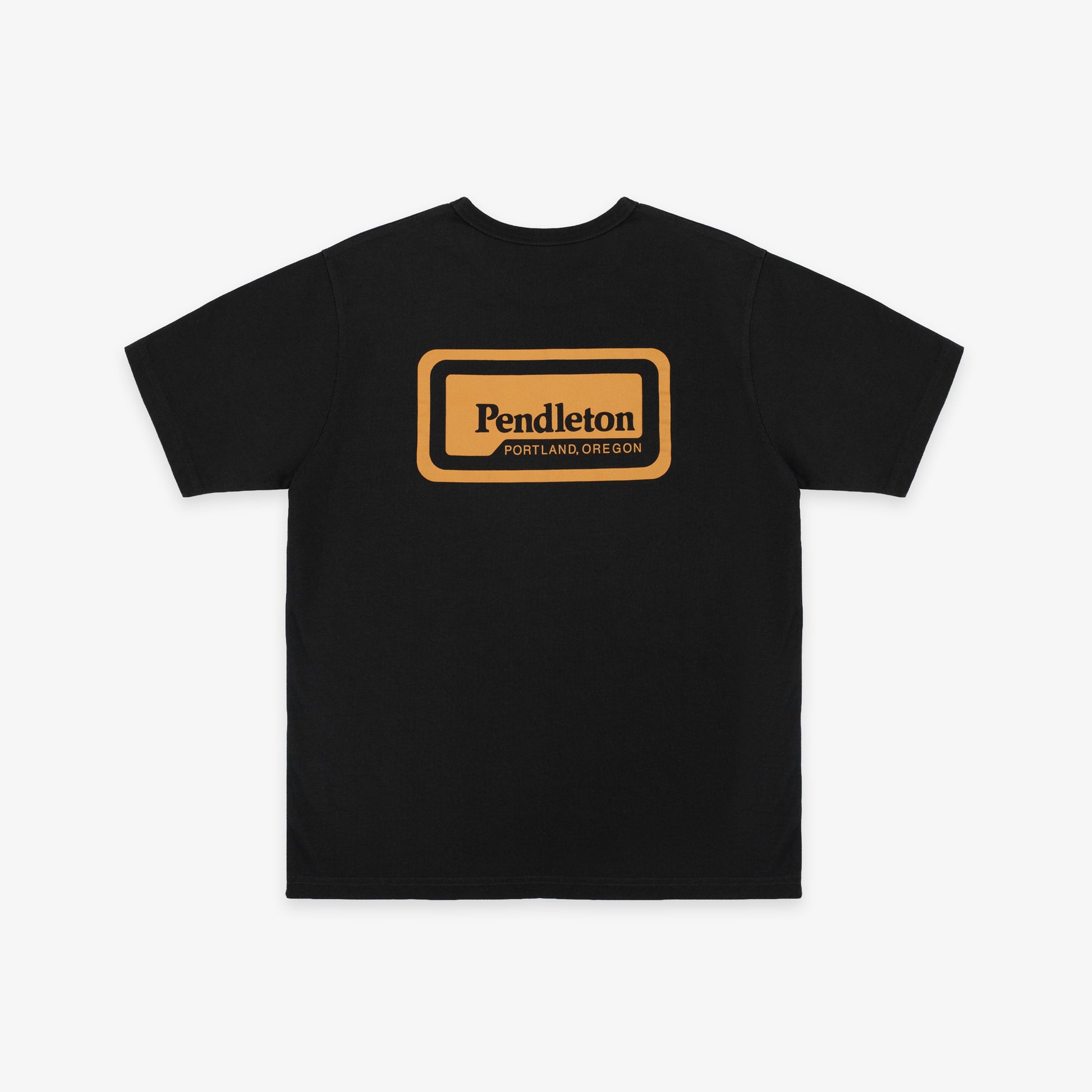 A black short-sleeve t-shirt with a tan rectangular graphic on the chest that reads 'Pendleton PORTLAND OREGON'. The t-shirt is displayed flat against a light gray background.