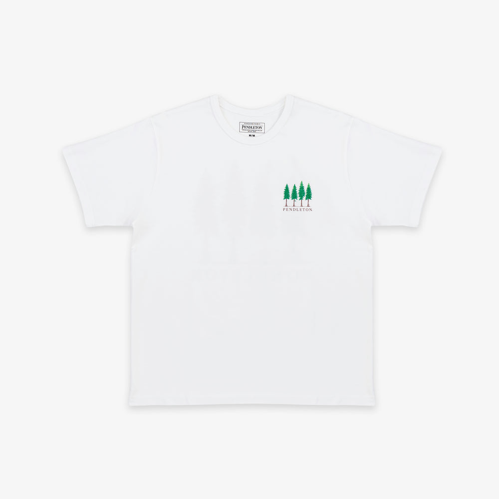 A white short-sleeve crewneck t-shirt with a small green graphic of four pine trees and the word 'PINEAPPLE' printed on the left chest, displayed on a clean white background.