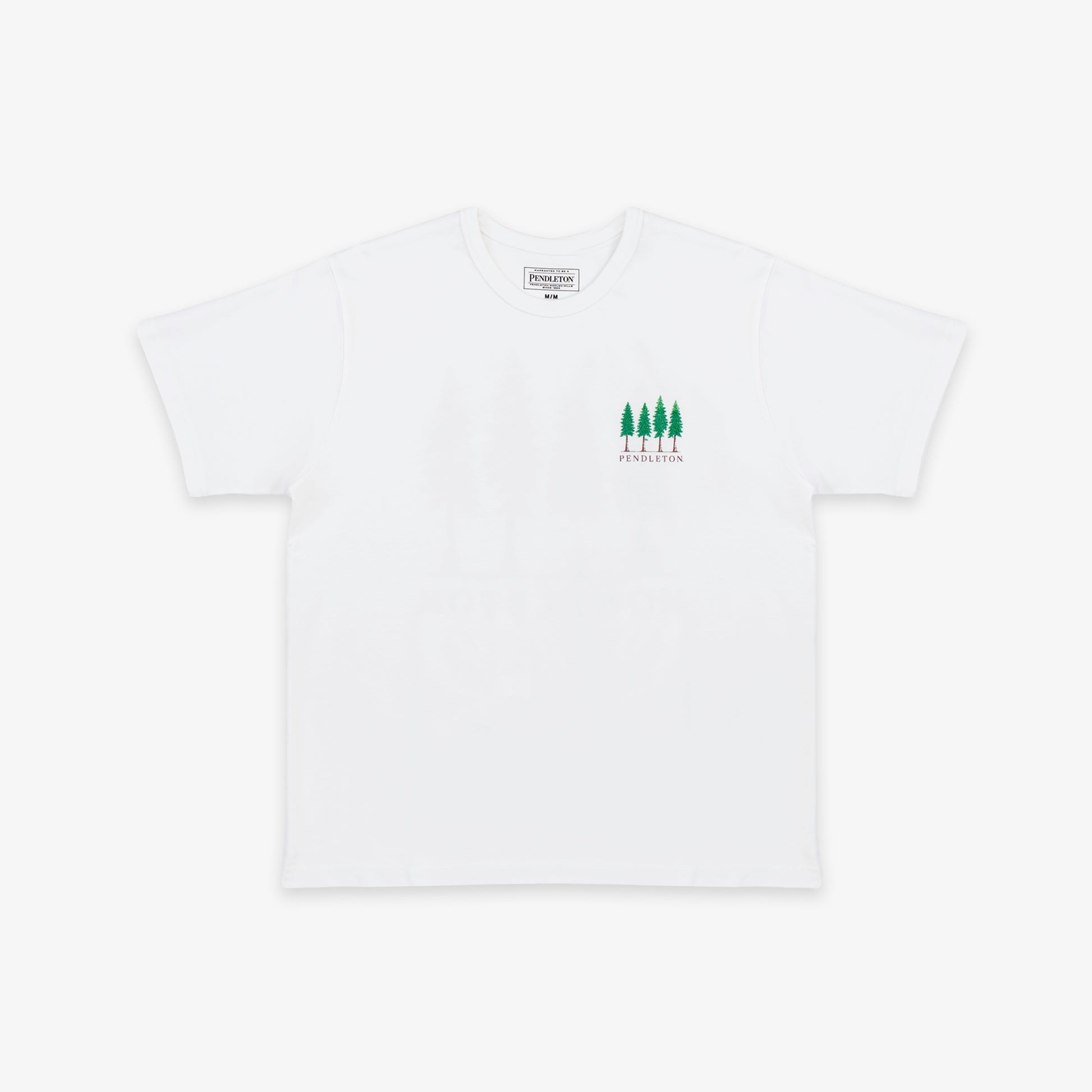 A white short-sleeve crewneck t-shirt with a small green graphic of four pine trees and the word 'PINEAPPLE' printed on the left chest, displayed on a clean white background.