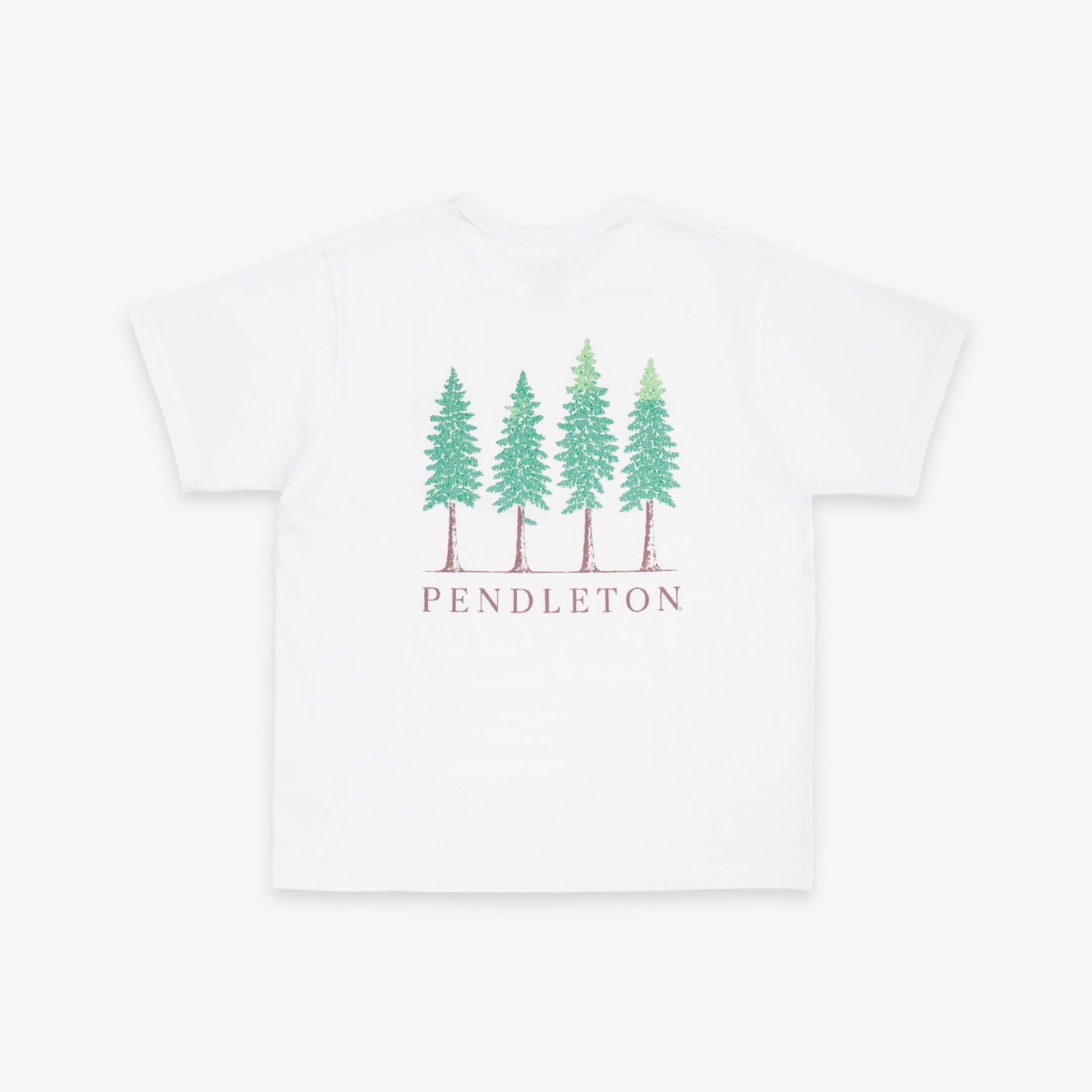 A white short-sleeve crewneck t-shirt featuring a graphic of four green pine trees with brown trunks and the word 'PENDLETON' printed below in brown, displayed on a clean white background.