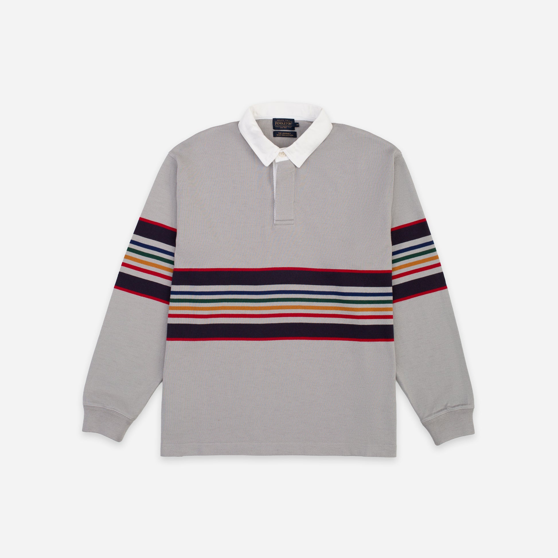 A light gray long-sleeve rugby shirt with a white collar and horizontal multicolor stripes across the chest and upper sleeves, shown flat on a light gray background.