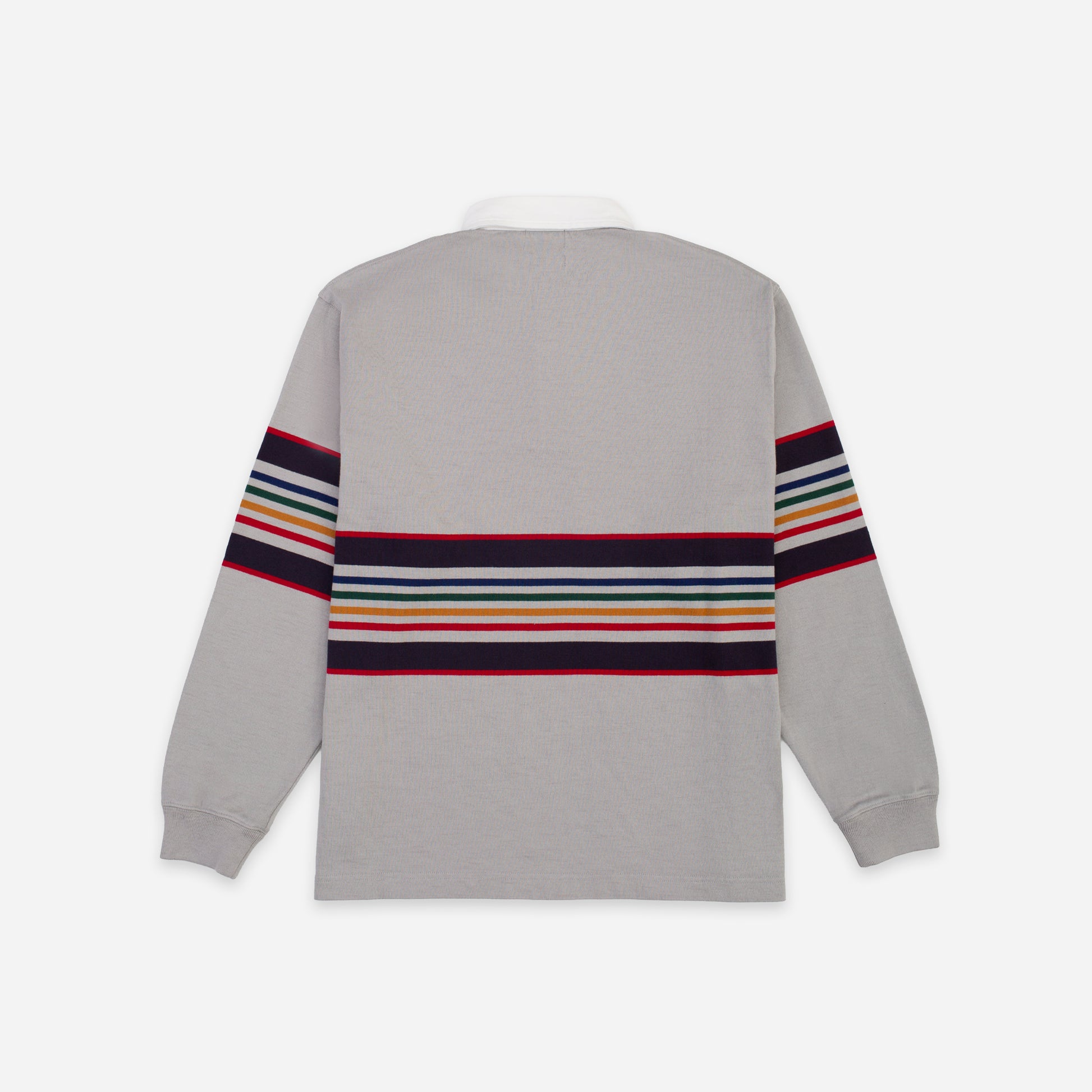 A light gray long-sleeve rugby shirt shown from the back, featuring a horizontal multicolor stripe pattern across the back and upper sleeves.