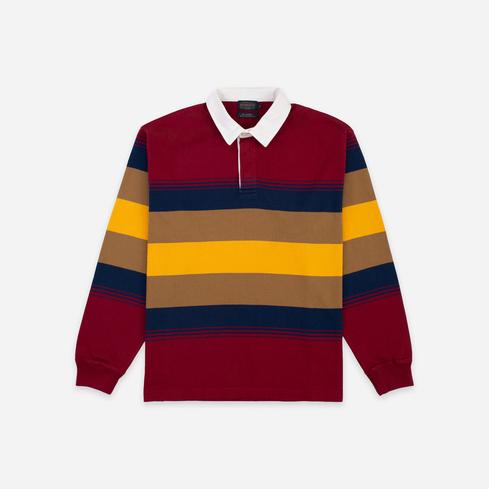 A long-sleeve rugby-style polo shirt with horizontal stripes in burgundy, navy, tan, and yellow, featuring a white collar, laid flat against a light gray background.