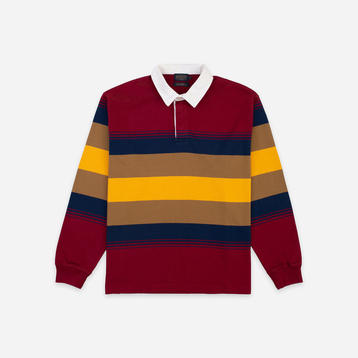 A long-sleeve rugby-style polo shirt with horizontal stripes in burgundy, navy, tan, and yellow, featuring a white collar, laid flat against a light gray background.