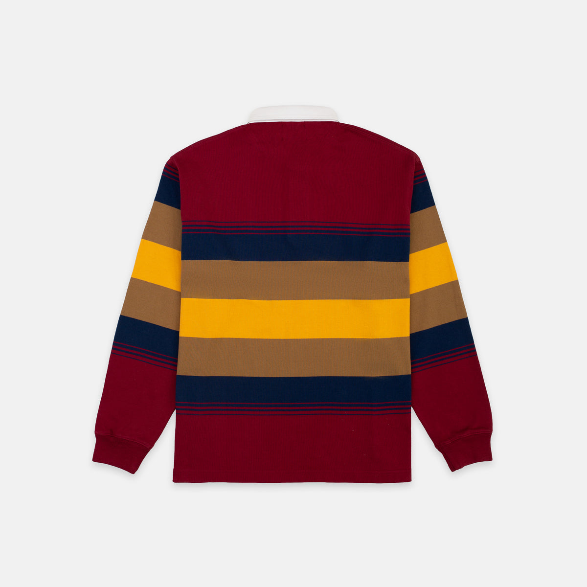 A long-sleeve rugby-style shirt shown from the back, featuring horizontal stripes in burgundy, mustard yellow, tan, and navy blue on a light gray background.