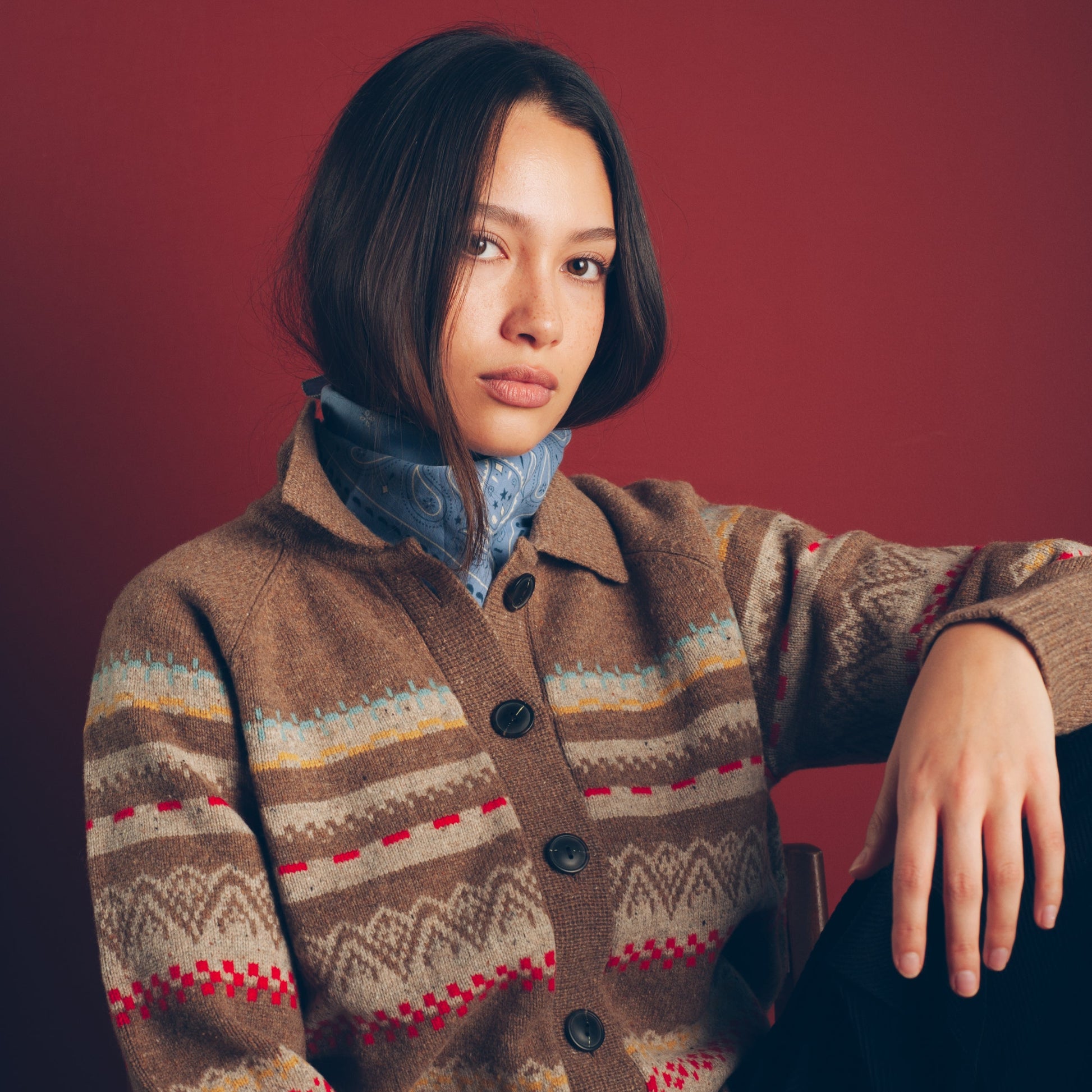 Womens Fairisle Merino Cardigan - Tan Multi