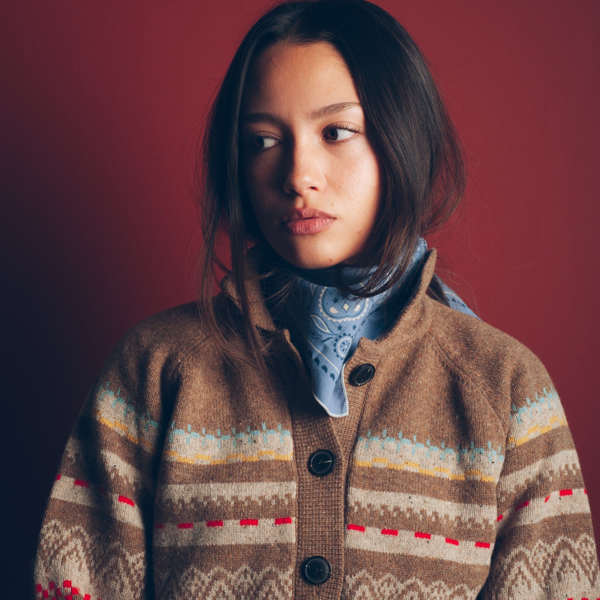 Womens Fairisle Merino Cardigan - Tan Multi