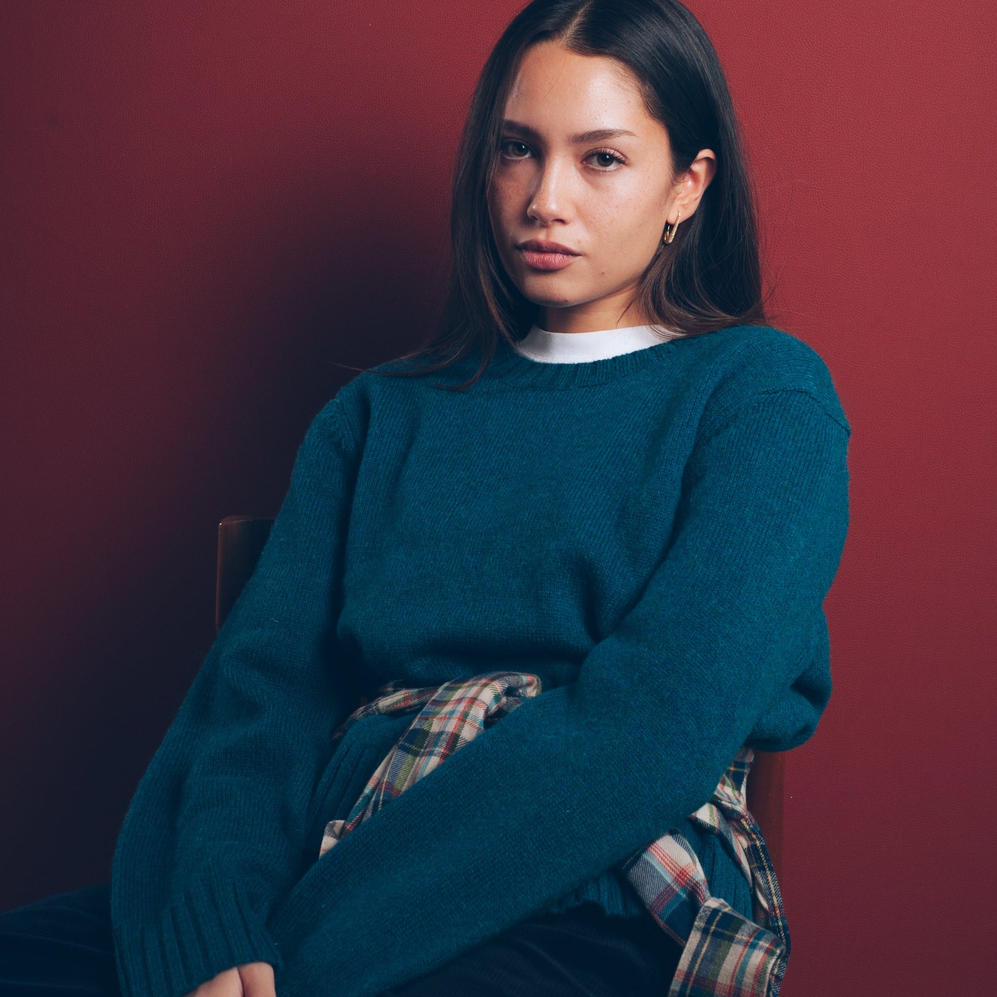 Womens Shetland Crew Knit - Deep Teal Heather