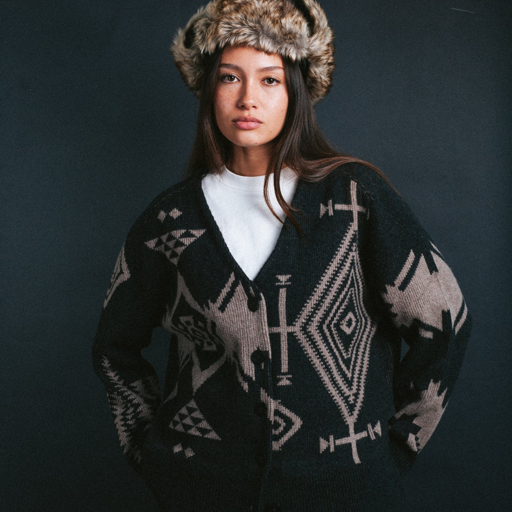 Womens Oversized Graphic Cardigan - Black / Taupe