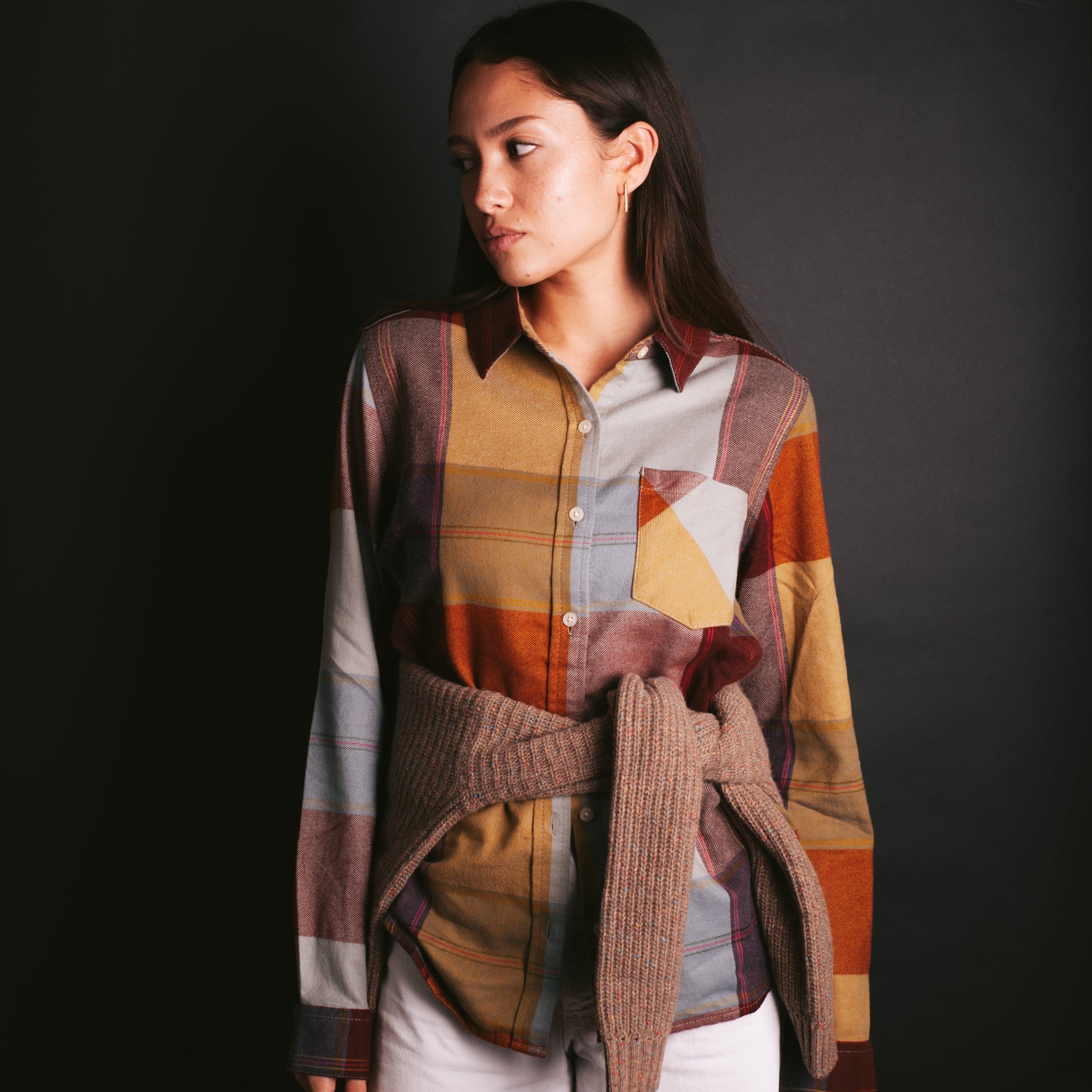 Womens Relaxed Flannel Shirt - Copper Multi Plaid