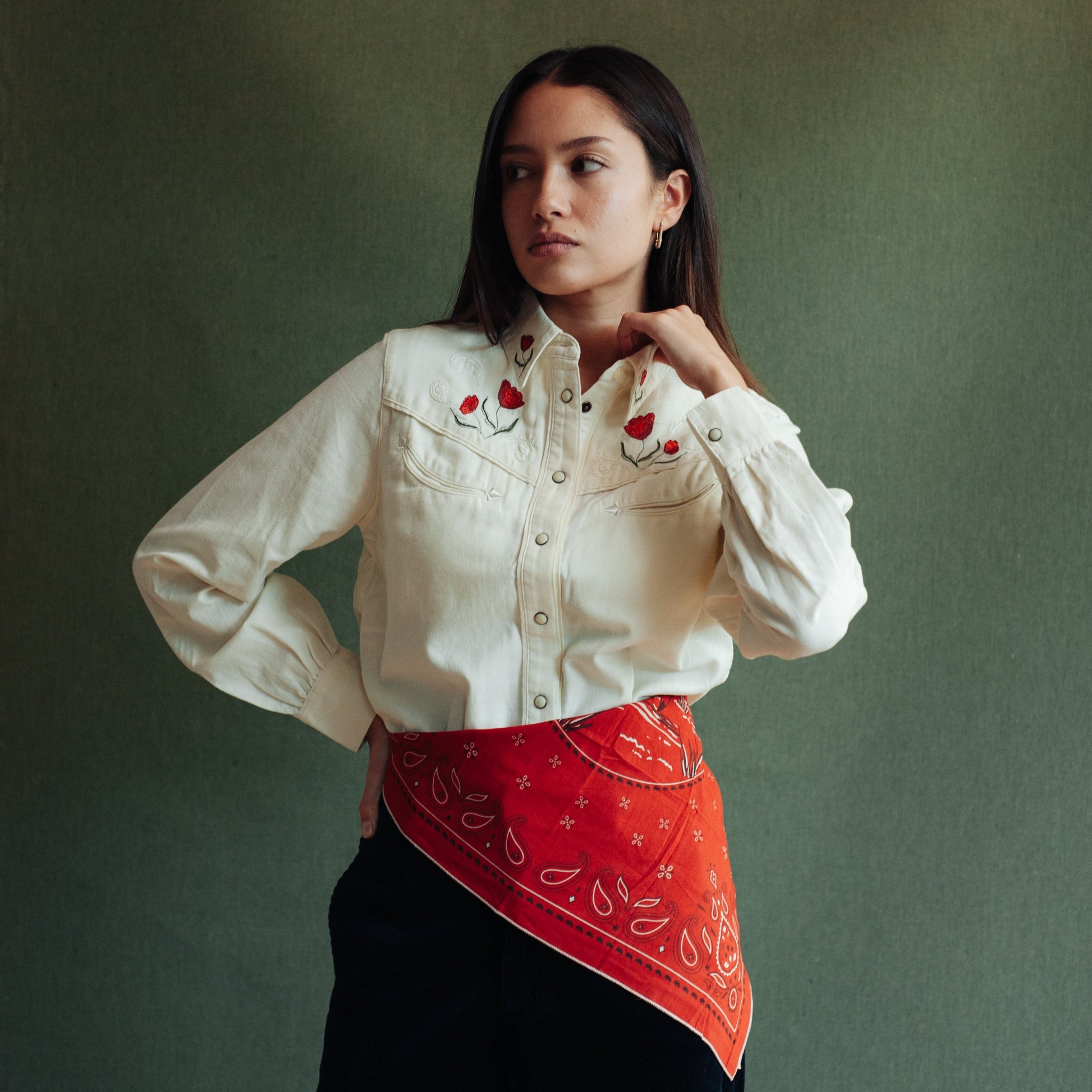 Womens Embroidered Western Shirt - Ecru