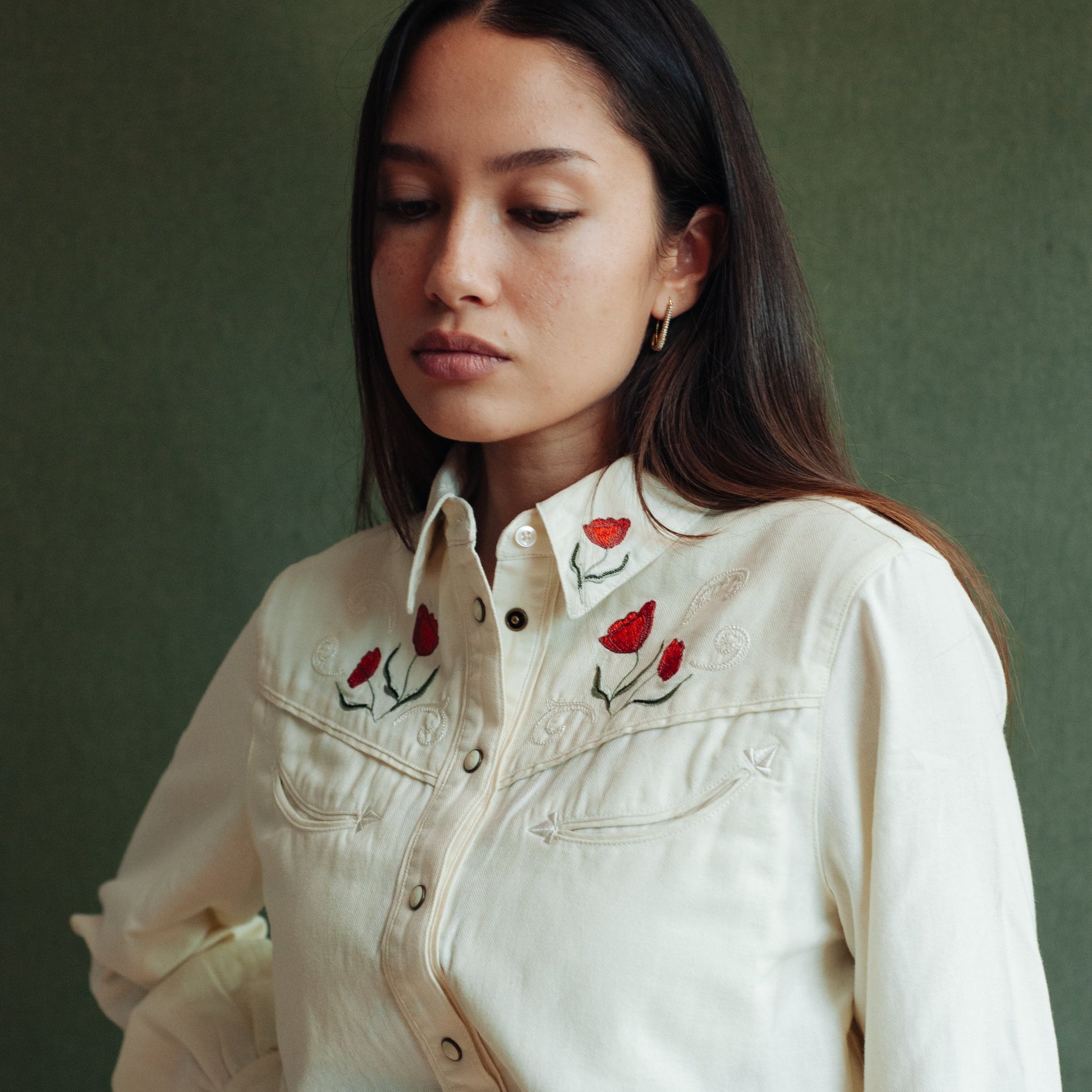 Womens Embroidered Western Shirt - Ecru