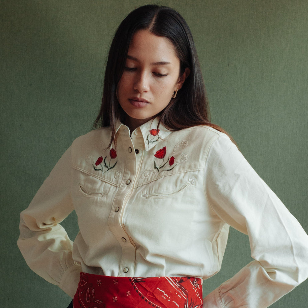 Womens Embroidered Western Shirt - Ecru