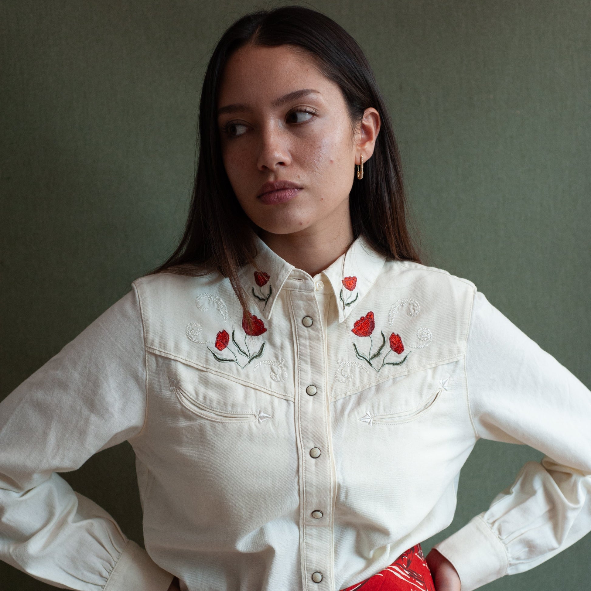 Womens Embroidered Western Shirt - Ecru