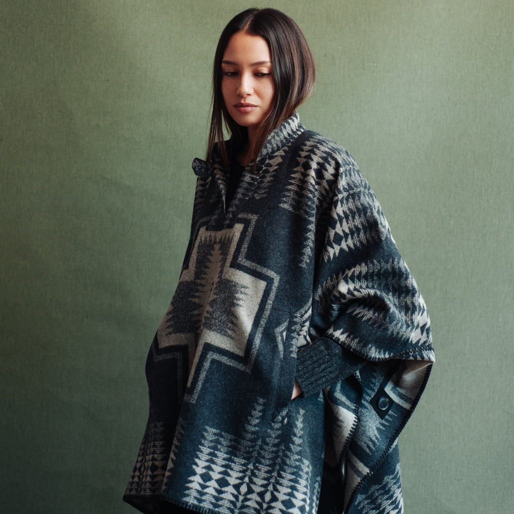 Womens Wool Poncho - Harding Black/Tan