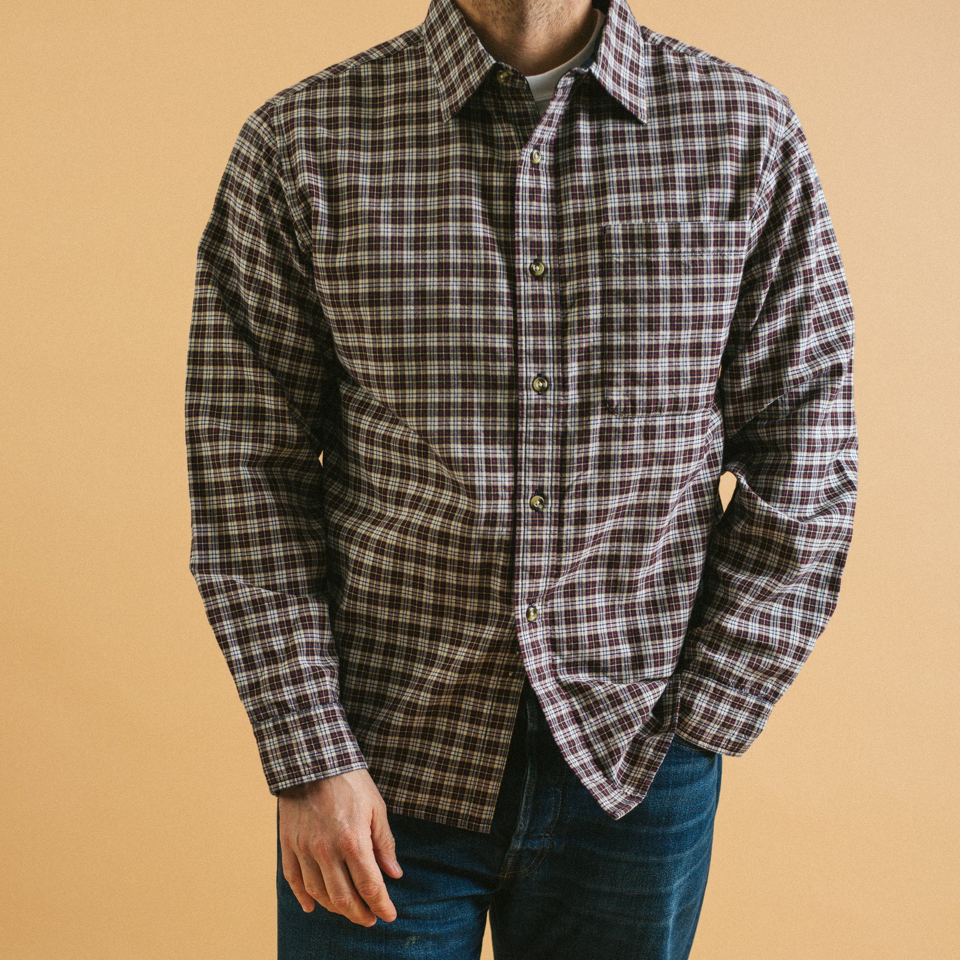Lined Collar Tartan Shirt - White/Jade-Yellow