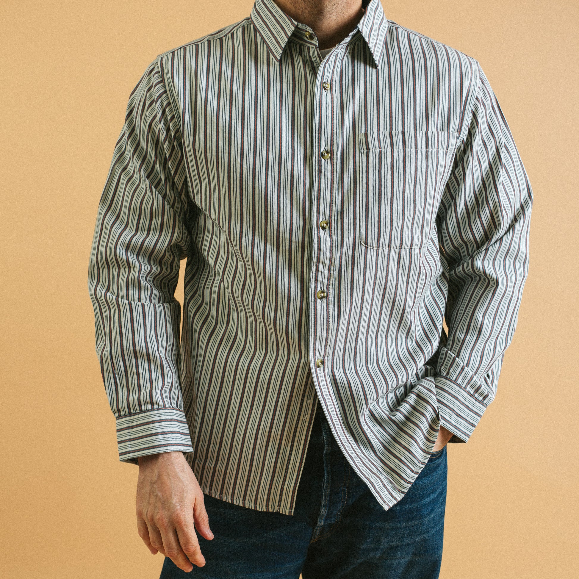 Lined Collar Stripe Shirt - White/Blue