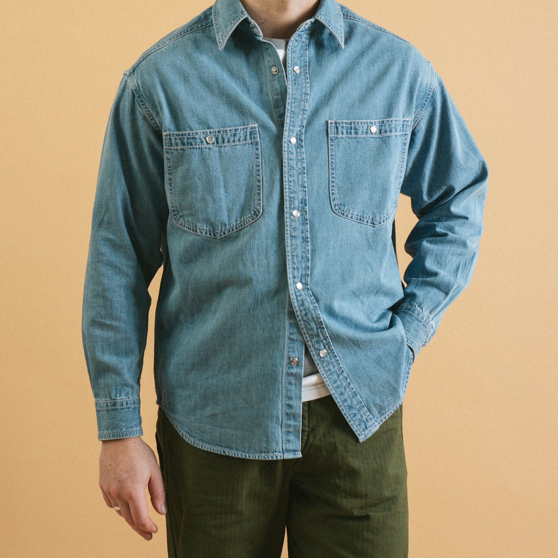 Western Denim Work Shirt - Stone Wash Blue