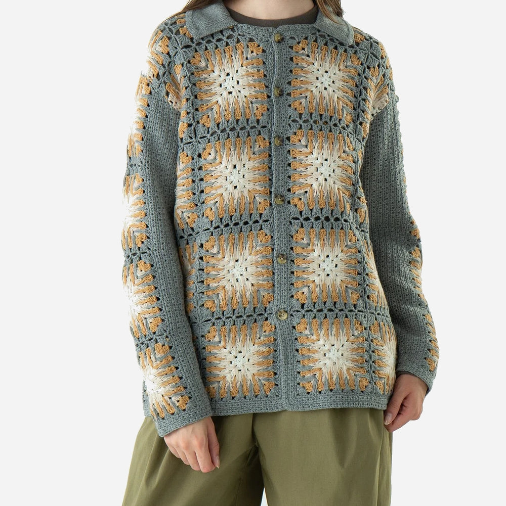 Crochet Polo Knit - Mustard/Grey