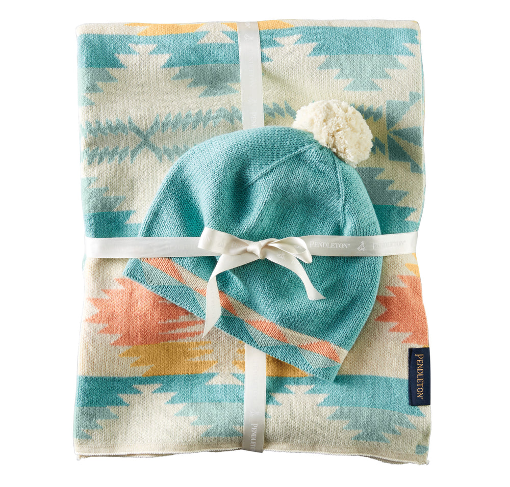 Organic Cotton Knit Baby Blanket with Beanie - Falcon Cove Tan