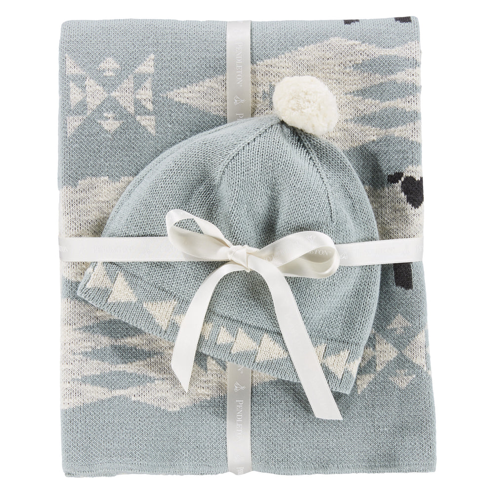 Organic Cotton Knit Baby Blanket with Beanie - Sheep Dreams