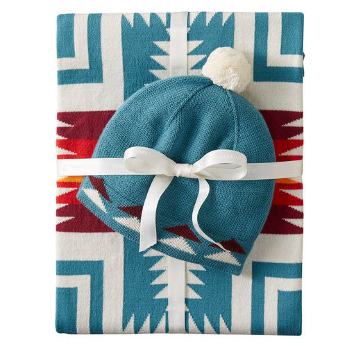 Organic Cotton Knit Baby Blanket with Beanie - Harding Teal